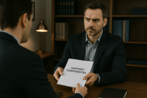 un bureau professionnel avec un détective privé tendant un dossier confidentiel à un client