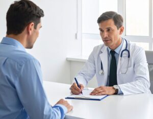 une consultation médical d'un homme. Le médecin rédige un arret maladie