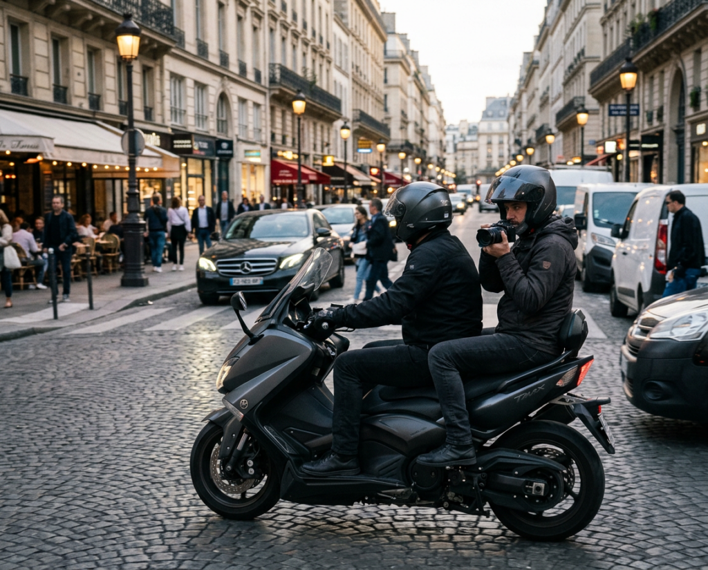 fileur à moto dans un centre ville en train de faire une filature cf investigations